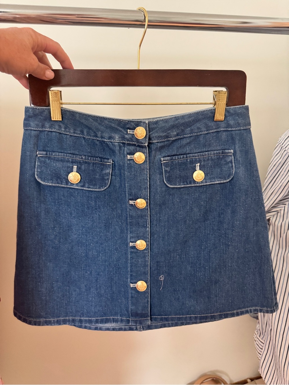 J. Crew Blue Denim Mini Skirt with Gold Buttons
